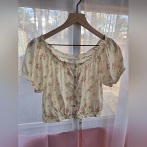 Lucky Brand Cream Floral Puff-Sleeve Crop Top